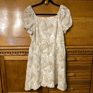 Loft Tan White Leaf Print Puffy Short Sleeve Keyhole  Boho Cottagecore Dress